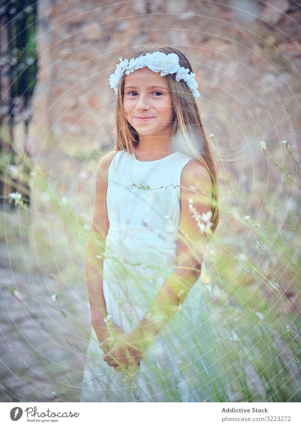 Small cute girl in elegant dress and flower headband child beauty little adorable kid innocence pensive female purity individuality comely sweet hair positive