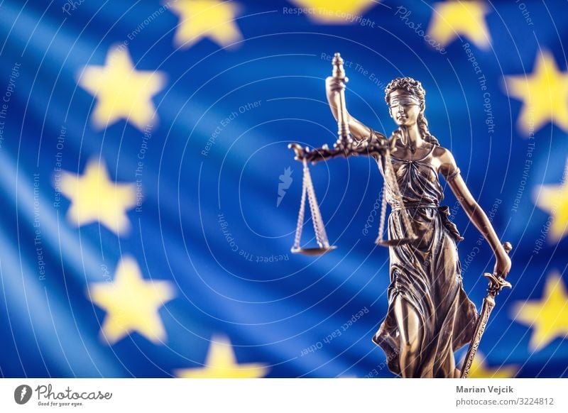 Lady Justice and European Union flag. Symbol of law and justice with EU Flag european union lady concept scales court gavel judge verdict statue background