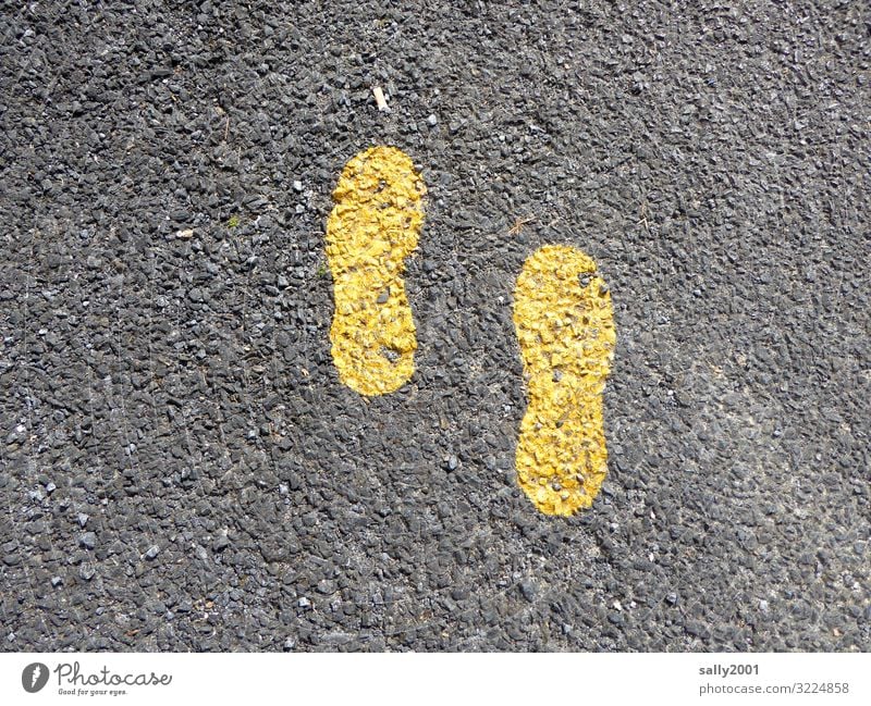 ...at a distance, please wait here... Yellow footprint gap soles shoe prints Asphalt Street Road marking Lane markings Step by step Gray Couple Wait trace