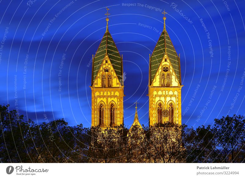 twin towers Sightseeing City trip Environment Sky Tree Freiburg im Breisgau Germany Europe Small Town Downtown Deserted Church Manmade structures Architecture