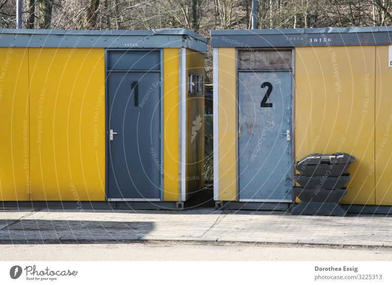 Left? Right? construction container Door Yellow Gray Construction site temporary solution Colour photo Exterior shot Deserted Day Central perspective