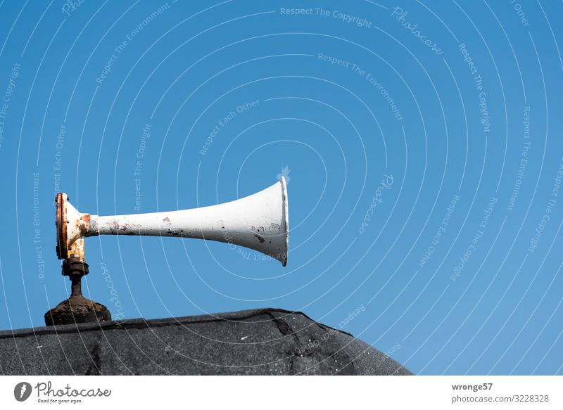 bugle Loudspeaker Fishing boat Signal station Old Maritime Blue Gray Black Horn Megaphone Colour photo Multicoloured Exterior shot Close-up Deserted