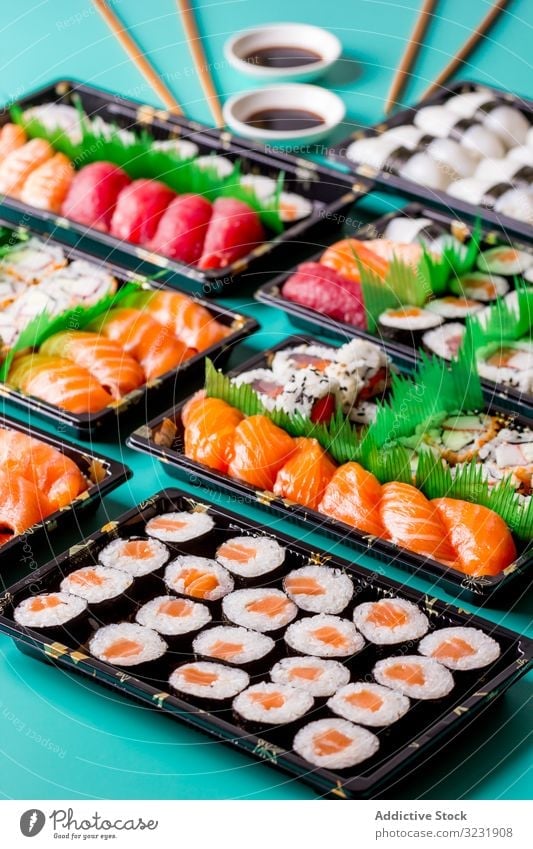 Tasty sushi served in a table rolled up Sushi Plate above asia asian background chopstick fish food fresh gourmet healthy japan japanese japanese sushi maki