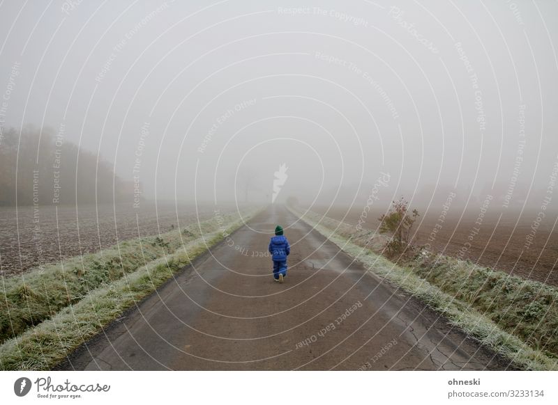 Boy in front of fog bank Human being Masculine Child Toddler Boy (child) Infancy 1 3 - 8 years Weather Fog Ice Frost Pedestrian Street Lanes & trails Going Cold