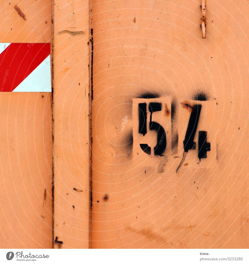 Correction assistance Logistics Container Checkmark 54 Metal Rust Sign Digits and numbers Signs and labeling Signage Warning sign Graffiti Line Stripe