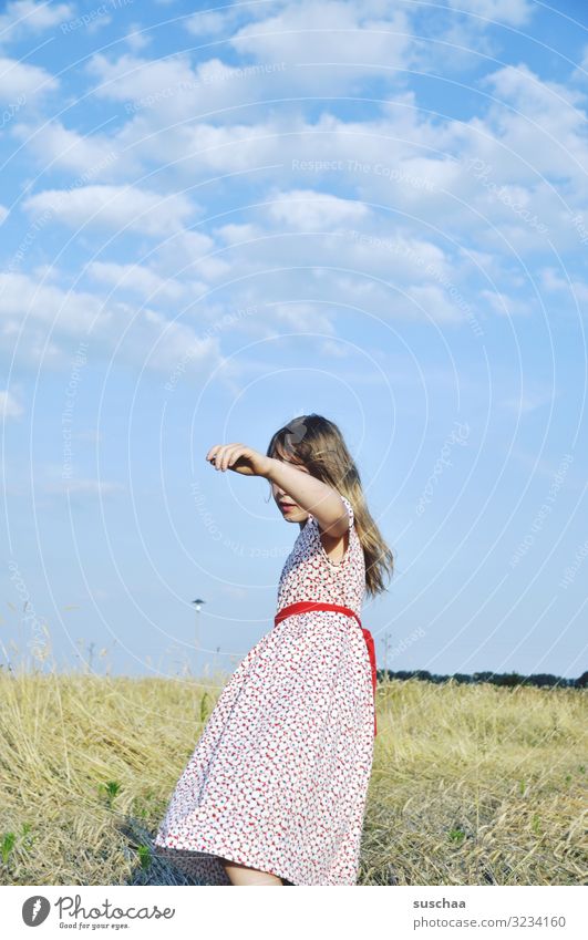 summer Child Girl Infancy Dress Timeless Nature Exterior shot Field Stubble field Warmth sunny Sky little cloud Idyll To go for a walk Movement Arm Hand