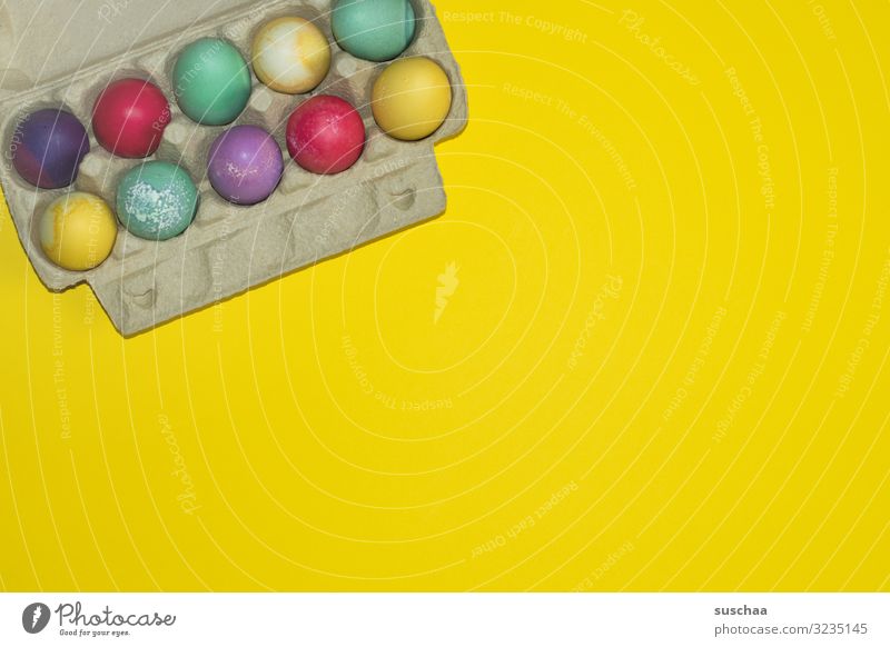 Happy Easter Egg eggs colored eggs Multicoloured Easter egg Spring Eggs cardboard Yellow safekeeping Food Tradition Dyeing Copy Space albumen marbled 10
