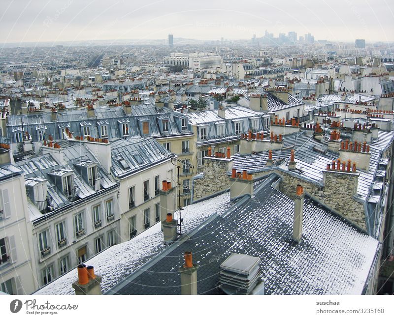 above the roofs of paris (in winter) Paris France Europe European Union Town City Capital city Skyline Roof Horizon recognition value Chimney country Montmartre