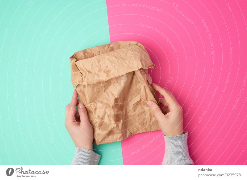 open brown paper bag for food packaging Shopping Craft (trade) Hand Environment Container Pack Paper Packaging Package Above Brown Green Pink Colour Hold Blank
