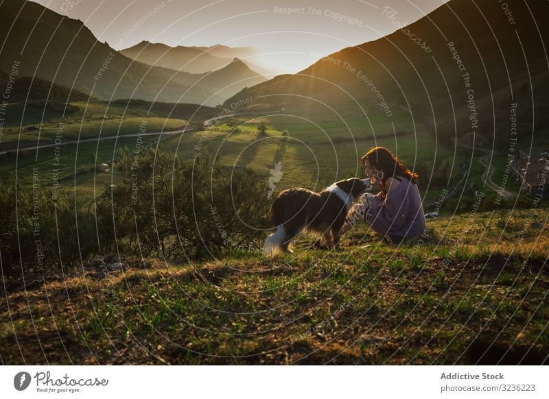 Adult tourist with dog against green forested valley under clear sky in summer mountain woman range border collie hill meadow loyalty height ridge travel doggy