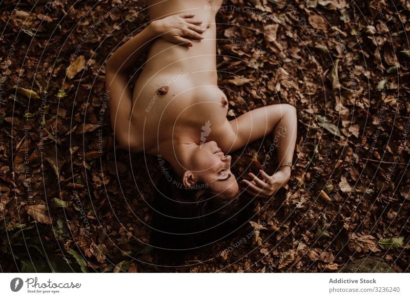 Charming nude woman lying on autumn leaves sensual nipples chest sexy body naked alluring skin figure perfect art elegant healthy beauty forest pretty lady