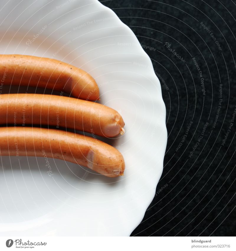 threesome Food Sausage Lunch Plate Eating Delicious Brown Black White Services Kitchen Appetite Full Small sausage Pottery Porcelain Colour photo Interior shot