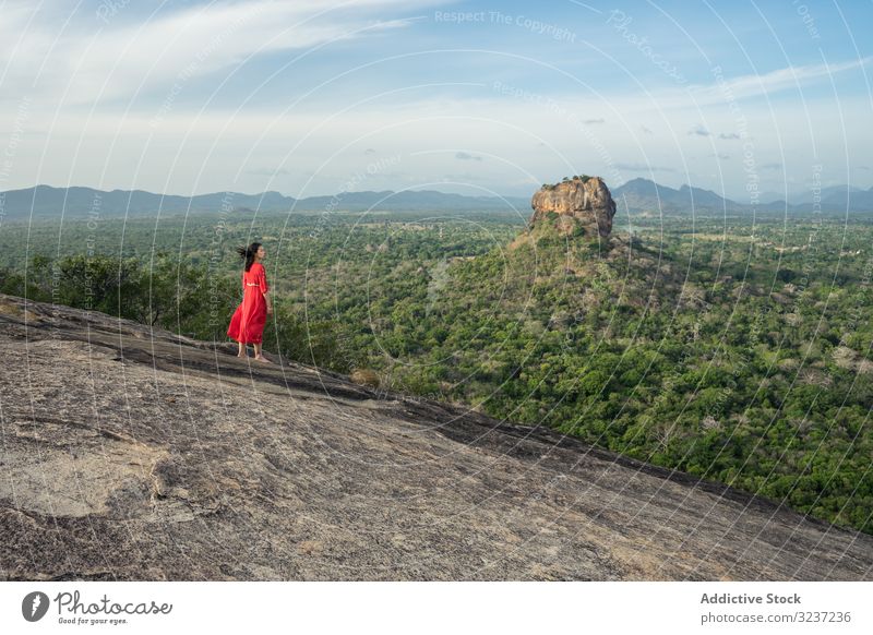 Tourist against solitary rock in middle of green forested plain under clear sky in summer tourism mountain plateau woman travel height sigiriya pidurangala