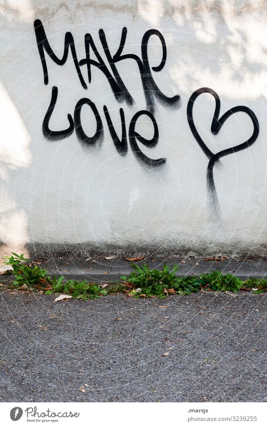 Make Love | Written Wall (barrier) Wall (building) Street Sign Characters Heart Communicate make love Peace Colour photo Exterior shot Copy Space bottom Light