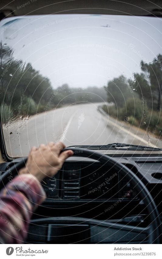 Driver riding car along rural pathway at forest in rain driver autumn man wheel wet road tree evergreen plaid shirt arm cabin adult travel transport lifestyle