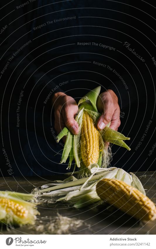 Crop person peeling corn over table kitchen leaf rustic agriculture remove food home dark meal culinary raw ripe fresh hand body part corncob season natural