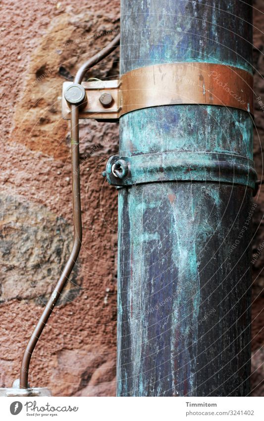 Downpipe with lightning rod Downspout Metal Copper Patina Lightning rod Fastening Stone Wall (building) Blue Brown