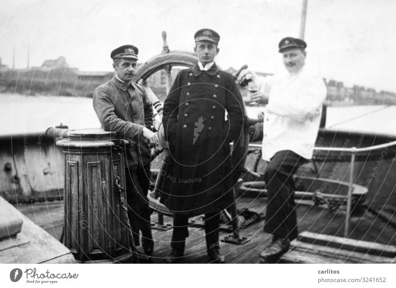 Three gentlemen Man Captain Watercraft Oar Uniform good old time Past Pride Posture Memory