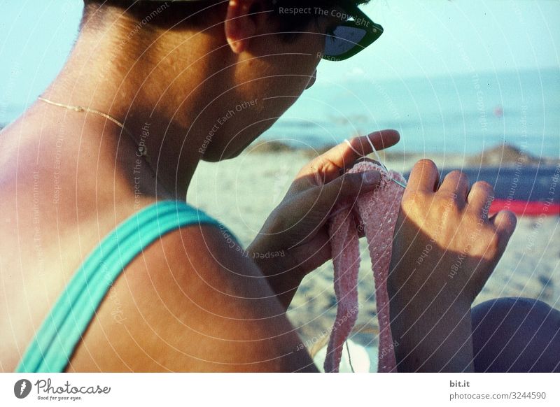 Woman crocheting on the beach. Relaxation Leisure and hobbies Handcrafts Vacation & Travel Tourism Summer Summer vacation Beach Ocean Human being Feminine