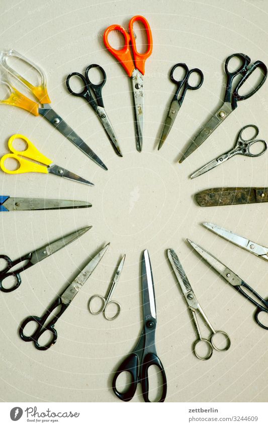 clippers Selection Handicraft mass Crowd of people Scissors Cut Cutting tool Desk Divide Many Tool Things Deserted Difference Circle Round Formation