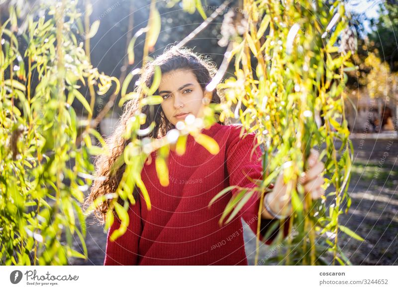 Portrait of a young woman with a red sweater Lifestyle Style Exotic Happy Beautiful Garden Schoolchild Human being Feminine Young woman Youth (Young adults)