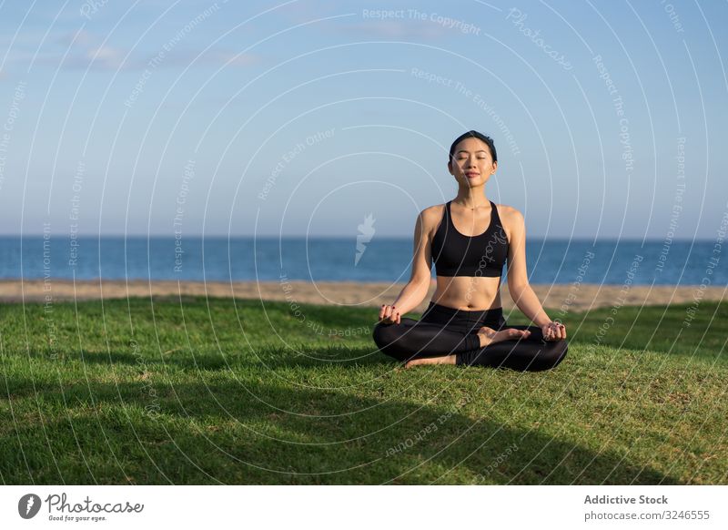 Woman meditating on the beach woman yoga practice grass green sea ocean female stand exercise balance training workout young athlete active calm tranquility