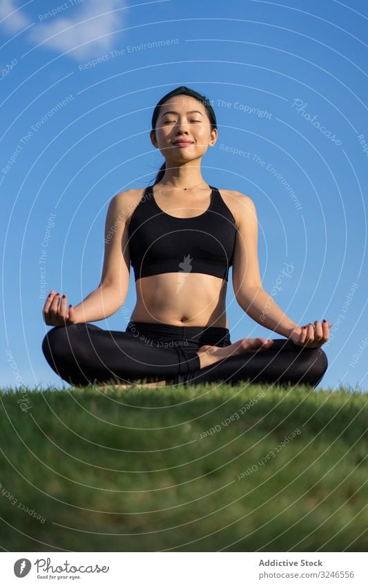 Young slim blonde female in black sportswear doing yoga asana on blue mat  on wooden balcony with green trees in background - Stock Image - Everypixel
