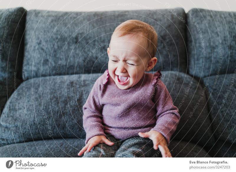 beautiful baby girl laughing at home sitting on the sofa Lifestyle Joy Happy Leisure and hobbies Playing Flat (apartment) House (Residential Structure) Sofa