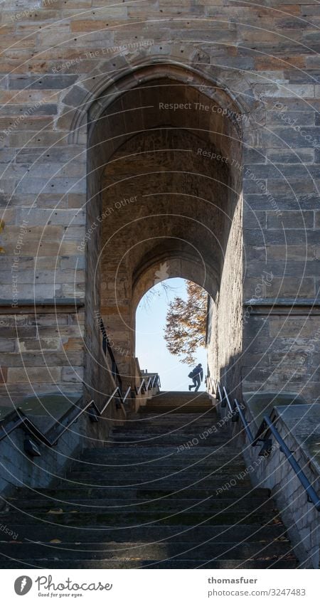 fleeing person on the stairs to a historical gate Human being Masculine 1 Architecture Beautiful weather Erfurt Thuringia Germany Old town Church Dome Castle