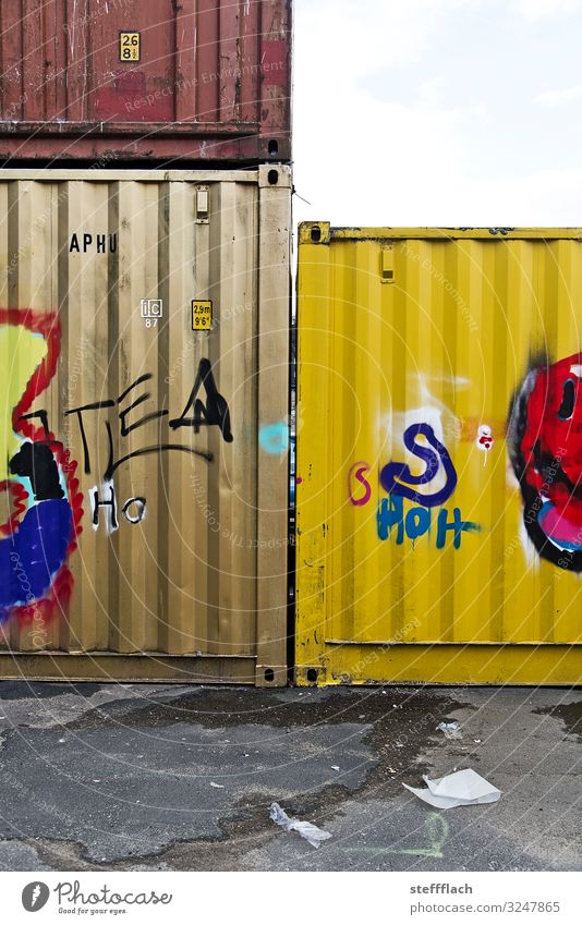 Container Love Logistics overseas Town Port City Parking lot Rush hour Truck Container ship Freight train Characters Graffiti Wait Sharp-edged Trashy Brown
