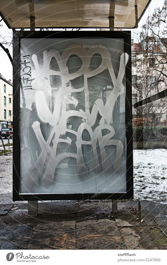 happy new year Style Winter Town Deserted Bus stop Transport Public transit Bus travel Stone Glass Metal Graffiti Hideous Rebellious Trashy Gray Silver