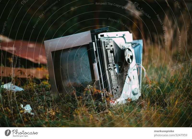 Illegal waste disposal Pollution of the environment Luxury TV set Technology Entertainment electronics Human being Environment Meadow Field Forest Watching TV