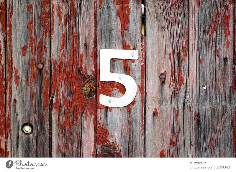 5 days until Christmas Eve Wood Metal Digits and numbers Gray Red Silver Door Wooden door House number Colour photo Subdued colour Exterior shot Close-up