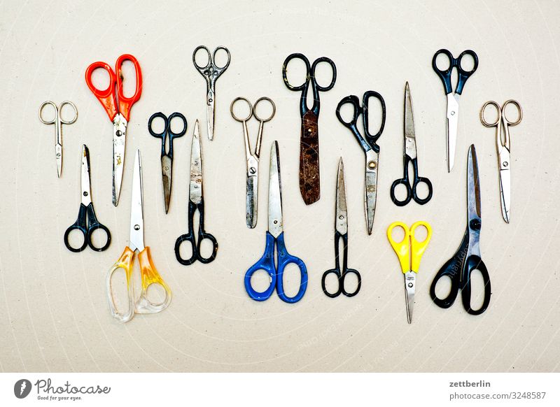 17 Shears Selection Handicraft mass Crowd of people Scissors Tailoring Cut Cutting tool Desk Divide Many Tool Things Deserted Difference