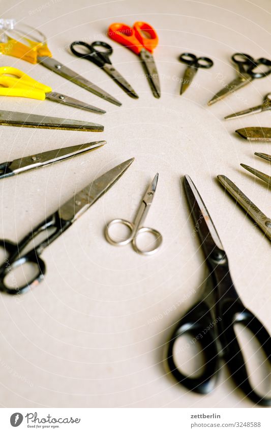 Scissors again Selection Handicraft mass Crowd of people Cut Cutting tool Desk Divide Many Tool Things Deserted Difference Circle Round Formation