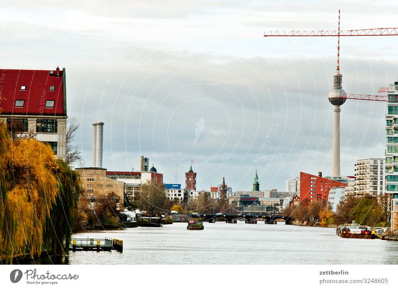 Spree in the middle Berlin Capital city City Berlin TV Tower Building House (Residential Structure) Autumn Deserted Downtown Berlin Skyline Town Copy Space