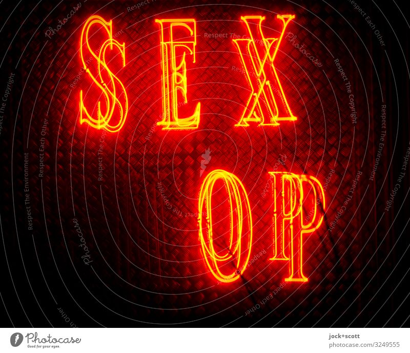 SEX (SH)OP Trade Neon sign Capital letter Typography Broken Red Design Services Eroticism Double exposure Shop window Isolated Image Night Low-key Silhouette