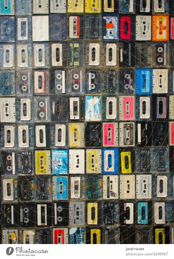 Fund of music cassettes Design Entertainment electronics Subculture Tape cassette Analog Decoration Collection Stripe Old Uniqueness Small Original Retro Many