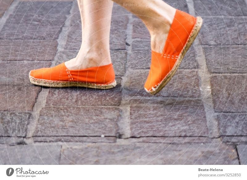 Just a part of you! 3 Legs feet Naked cloth shoes orange Summer espandrilles Paving stone Going warm body part