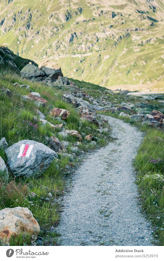 Empty narrow path in valley dirt mountain green rural ground nature travel cloud landscape nobody way trip scenic empty switzerland hill scenery rock journey