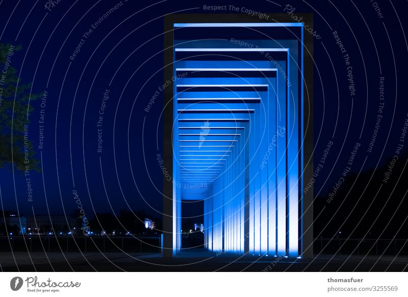 Concrete gates at night, blue Tourism Far-off places Night life Art Architecture Culture Schwerin Mecklenburg-Western Pomerania Town Downtown Park Places Tunnel