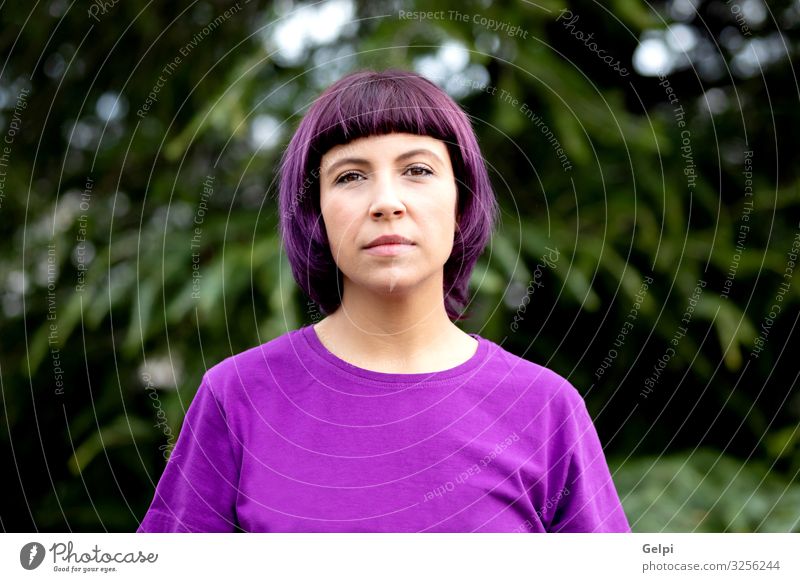 Woman with purple hair and t-shirt Feasts & Celebrations Work and employment Human being Adults Nature Park Paying Sex Friendliness Anger Respect Colour Equal