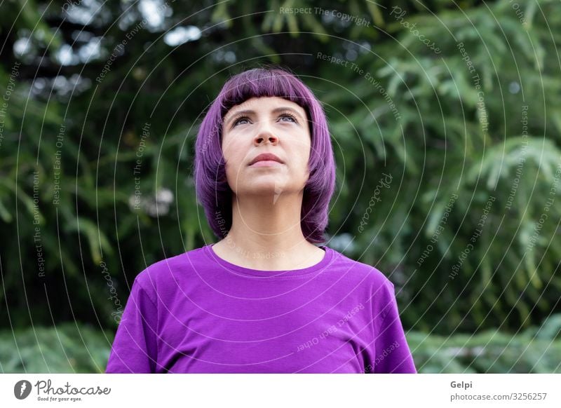 Woman with purple hair and t-shirt. Feasts & Celebrations Work and employment Human being Adults Nature Park Paying Sex Friendliness Anger Respect Colour Equal