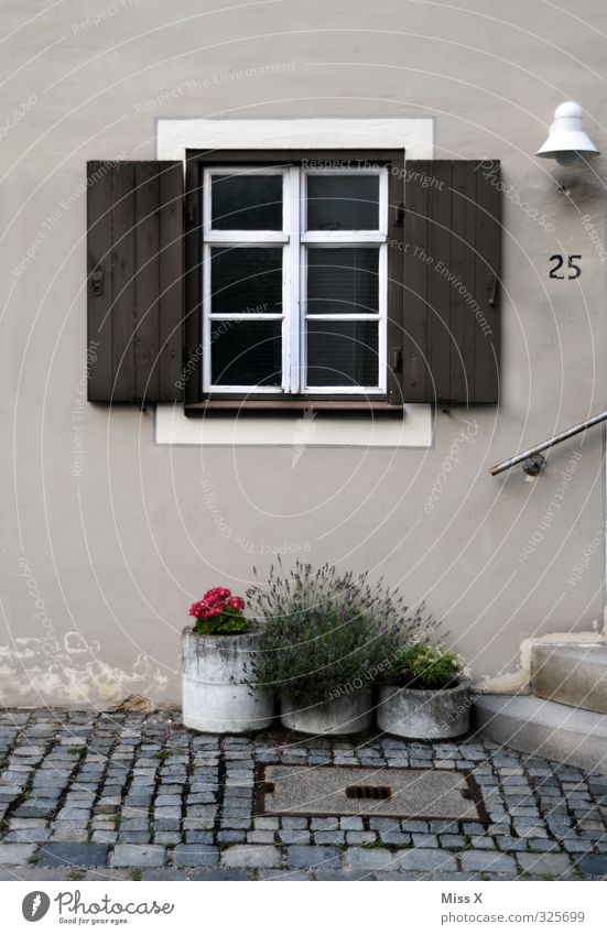 Window IV Living or residing Flat (apartment) House (Residential Structure) Decoration Old town Terrace Door Digits and numbers Shutter Flowerpot Pot plant