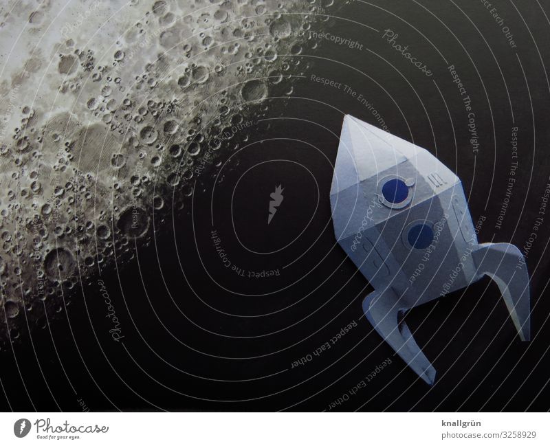 FLY ME TO THE MOON Night sky Moon Flying Dark Gray Silver Curiosity Adventure Discover Advancement Logistics Universe Moon landing Rocket moon crater