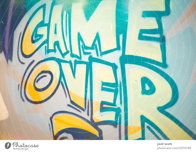 game over Style Street art Wall (building) Graffiti Word English Capital letter Typography Cool (slang) Yellow End Creativity Fiasco Lose Double exposure