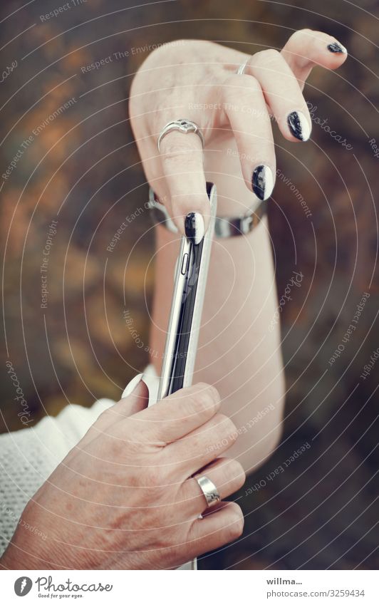 Manicured hands with Smartphone PDA Cellphone Nail polish Technology Telecommunications Information Technology Internet Feminine Woman Adults Hand Fingernail