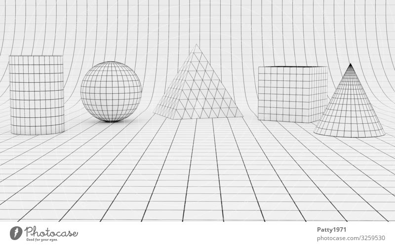 Wireframe geometric forms - 3D Render Science & Research Geometry cubes Sphere Pyramid Cylinder Conical Wire mesh Surface structure Sharp-edged Design Complex