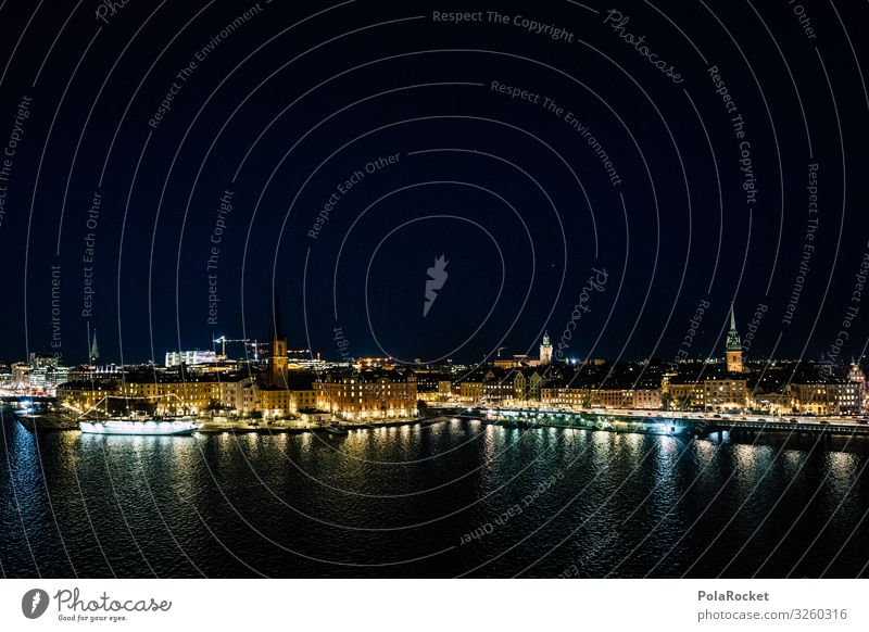 #S# View of Gamla Stan Town Capital city Port City Exceptional Stockholm Water Watercraft Sweden Night Stars Light Versatile Uniqueness Night shot Colour photo