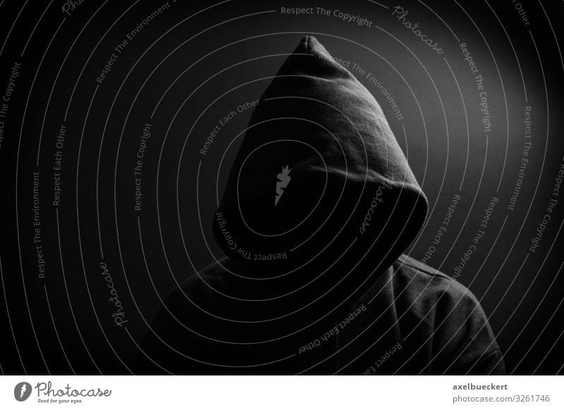 dark figure - hood without face Human being Masculine Woman Adults Man 1 Sweater Hooded (clothing) Exceptional Threat Dark Black Identity Hooded sweater
